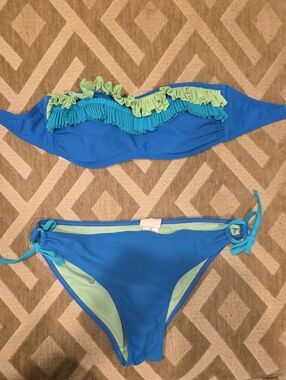 California Waves Blue and Lime Ruffle Bandeau Bikini